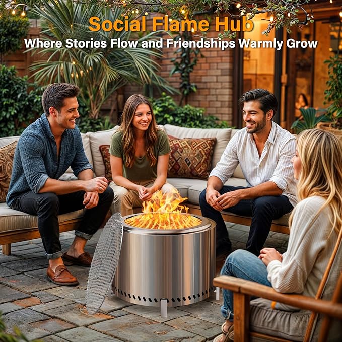 HGD 20" Smokeless Firepit with Stand & Grill Rack, Stainless Steel Wood Burning Fire Pit for Friends & Family Gatherings, Secondary Combustion Outdoor Patio Stove for Garden BBQ & Bonfire