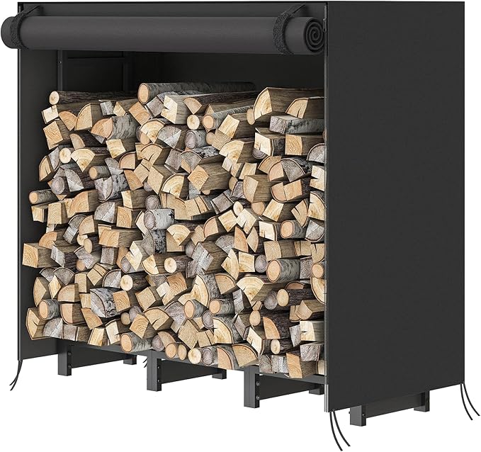HOOBRO 4FT Firewood Rack with Cover, Outdoor Firewood Log Rack, Adjustable Log Holder with Waterproof Cover, Fireplace Wood Storage, Heavy Duty Wood Holder, for Indoor and Outdoor, Black BB01CH02