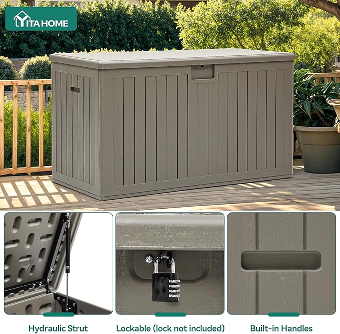 YITAHOME 200 Gallon Extra Large Deck Box, Double-Wall Resin Outdoor Storage Box with Flexible Divider for Patio Cushions Pool Supplies Garden Tools, 990 lbs Load Capacity, Lockable (Light Brown)