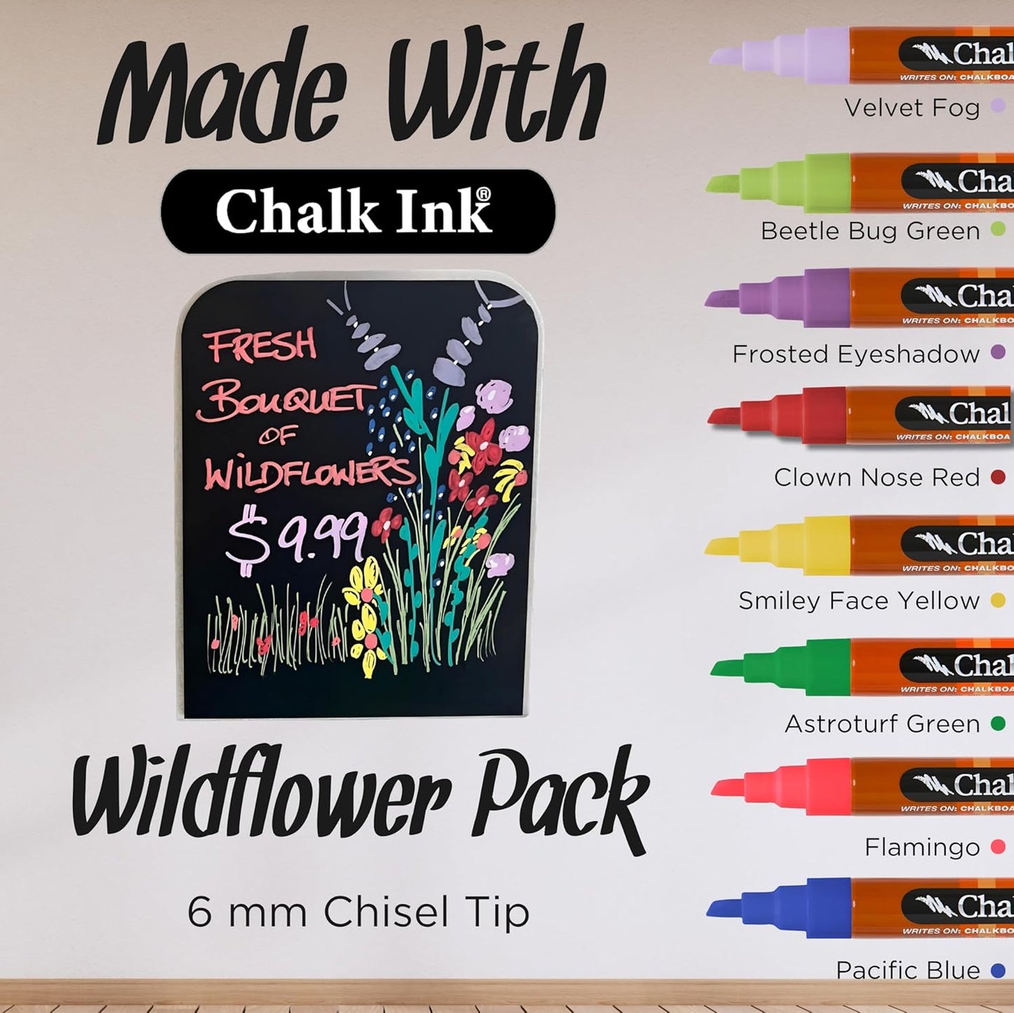 Chalk Ink Chisel Tip Wet Wipe Chalk Markers (Wildflower, 6mm, 8 Pack)