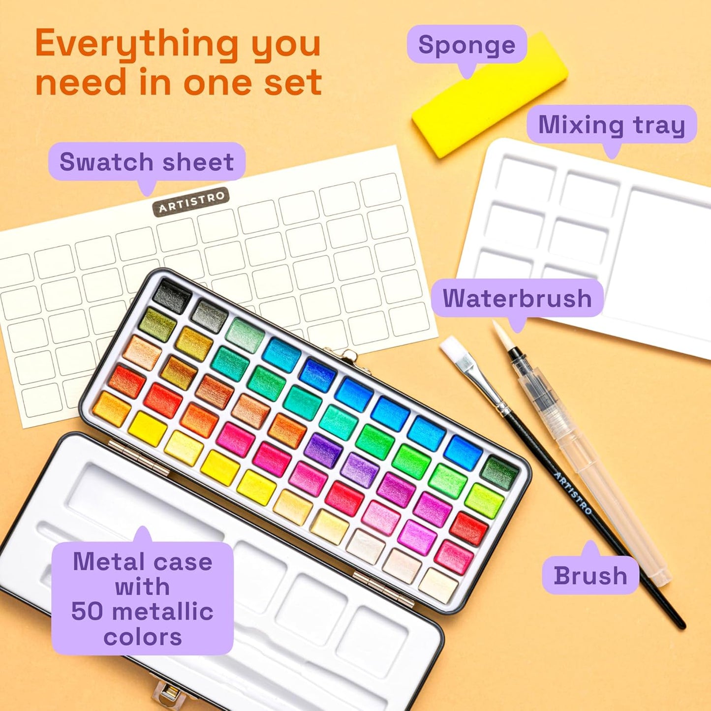 ARTISTRO 50 Metallic Watercolor Paint Set, Vivid Colors in Portable Box, Palette set. Perfect Travel Watercolor Set for Artists, Amateur Hobbyists and Painting