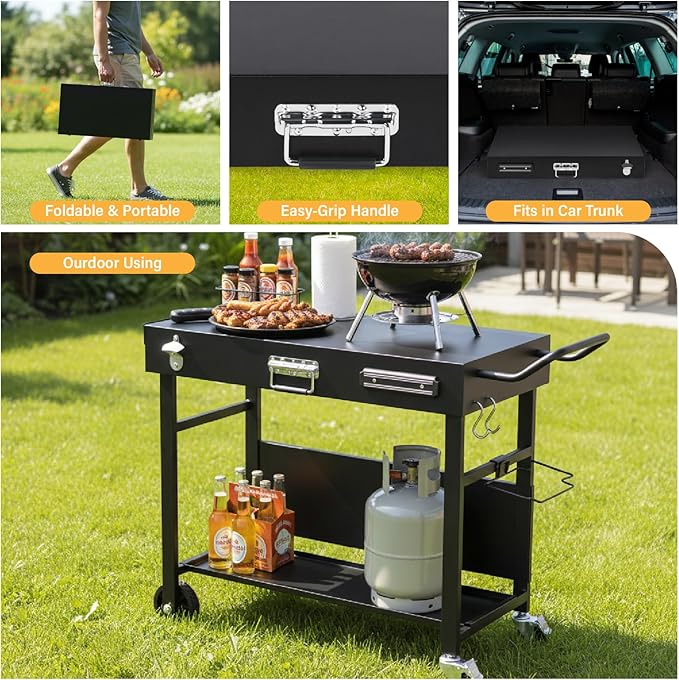 VINGLI Outdoor Grill Table Cart, Foldable Grill Cart with Wheels, Rolling Table for Ninja, Blackstone Griddle, Pizza Oven Stand, Food Prep Table w/Bottle Opener, Seasoning Tray, Rubbish Bag Holder