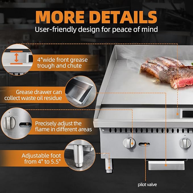 60" Commercial Countertop Griddle, 5 Burners Gas Griddle, 150000 BTU Output, Stainless Steel Flat Top Grill Hot Plate with Natural Gas and Propane Conversion Kit for Restaurant, Food Truck