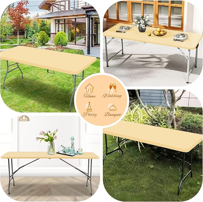 10 Pack Stretch Fabric Table Top Cap Cover, Beige Table Covers fits 8Ft Tables, Washable Elastic Universal Rectangle Tablecloth Protector for Indoor Outdoor Party Picnic Wedding (30" W x 96" L)