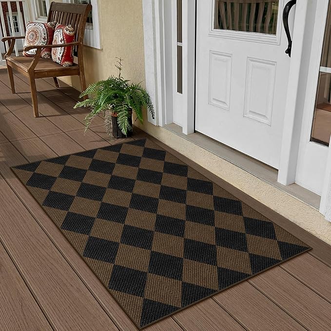Easy Jute Checkered Entryway Rug, 2.6x4 Coffee Modern Indoor Outdoor Doormat Non-Slip Washable Kitchen Rug, Neutral Farmhouse Diamond Throw Rugs for Entrance Bedroom Porch Patio