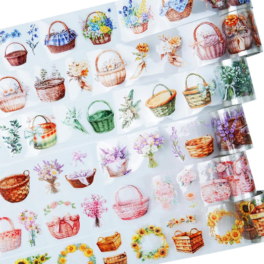 Flower Basket PET Tape Set, 6 Rolls Pre-Cut Vintage Floral Scrapbook Supplies for Journaling, DIY Crafts, and Planners,with Clip