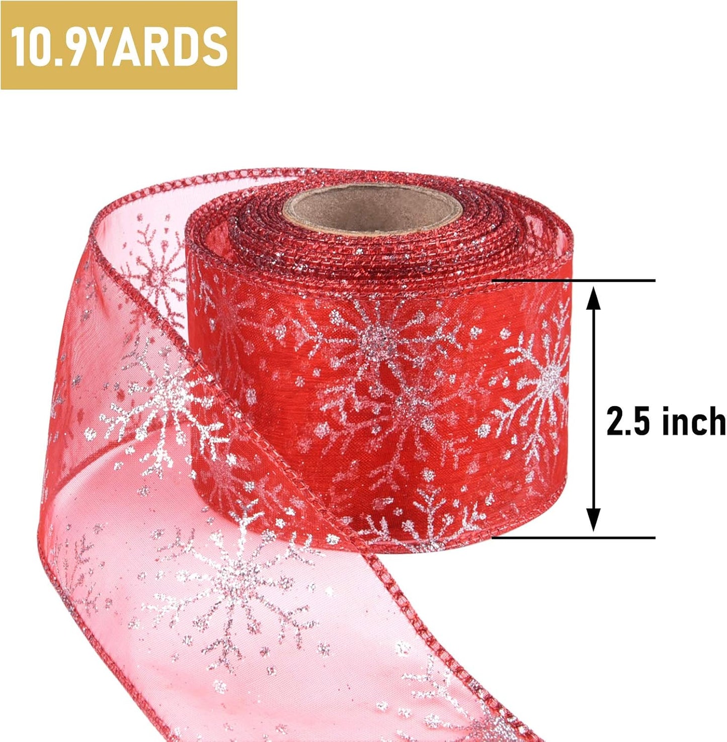 2.5 Inch Wide Christmas Wired Ribbon Snowflake Organza Sheer Glitter Ribbon for Xmas Tree, Wreath, Party Decoration, Gift Wrapping (Red, 10.9 Yards)