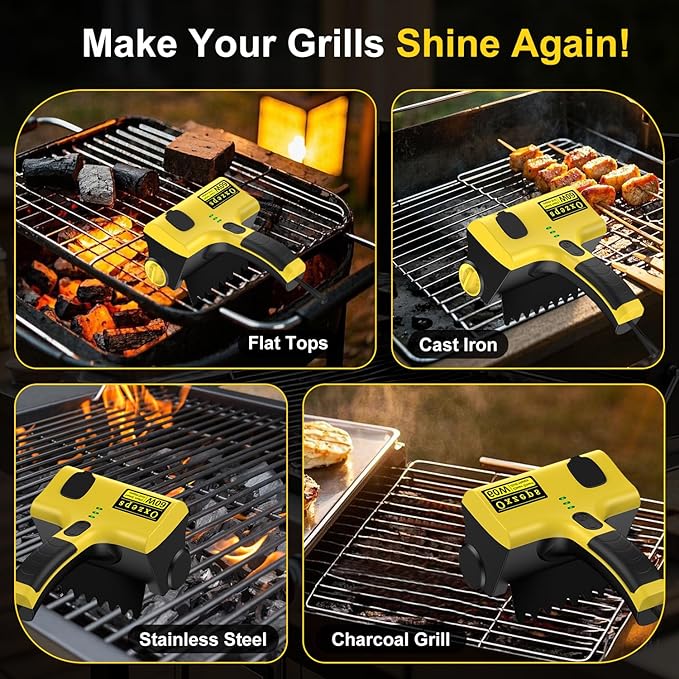 Oxzeps Outdoor Electric BBQ Brush, 2600mAh Battery Capacity 7.4V 2-Speed Power Control Rechargeable Grill Brush with 2 Brush Heads, 360° Rotating Cleaning Brush.