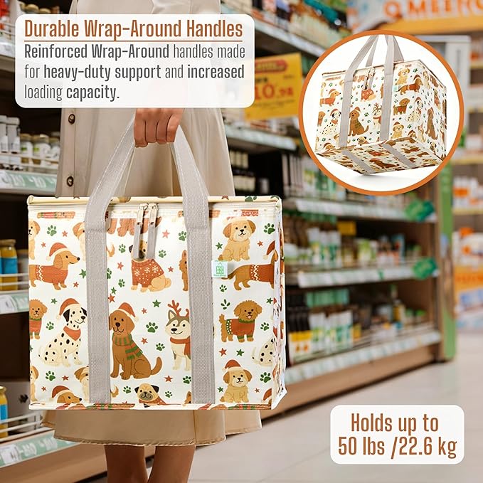 VENO 2 Pack Cooler Bag, Insulated Grocery Bags for Food Delivery, Collapsible Cooler, Reusable Shopping Bags for Groceries, Hard Bottom, Zippered, Foldable, Christmas Pattern (Holiday Pups, 2 Pack)