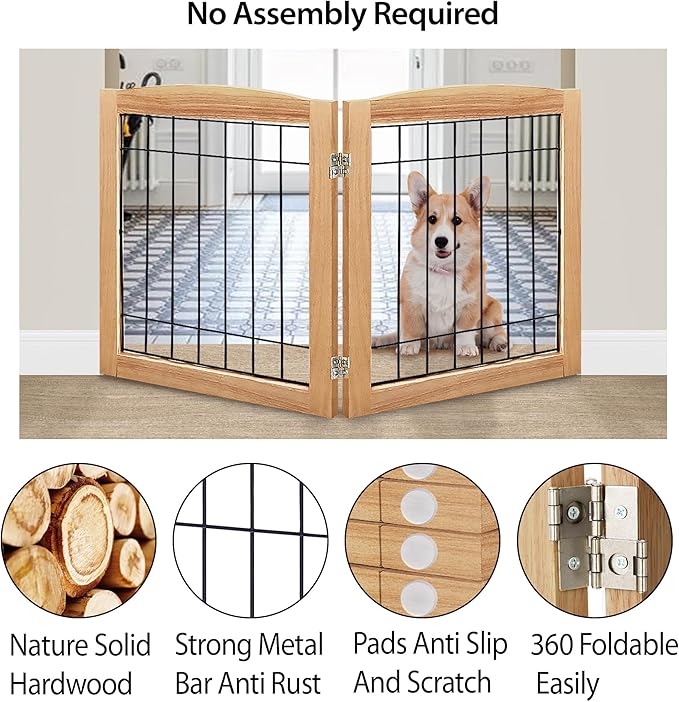 LZRS 2-Panel Freestanding Foldable Wood Dog Gate – Solid Wood & Steel Wire, Chew-Resistant Pet Barrier for Indoor Use, Ideal for Small to Medium Dogs, Natural