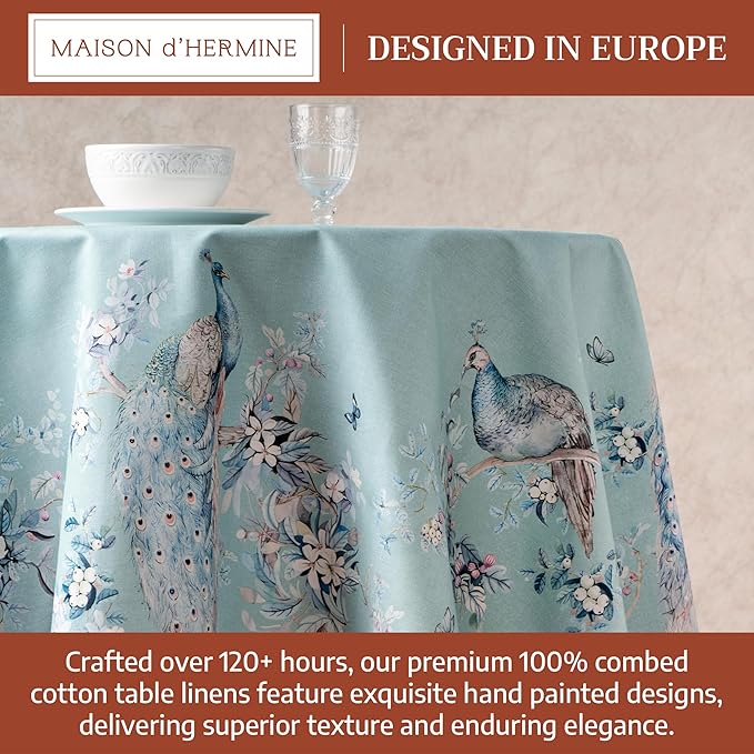 Maison d' Hermine Premium Table Cloth Round Table 100% Combed Cotton 70" Diameter Inches Tablecloth Reusable Decorative for Dining Room Home Party Festive Wedding - Peacock Utopia - Pastel Turquoise