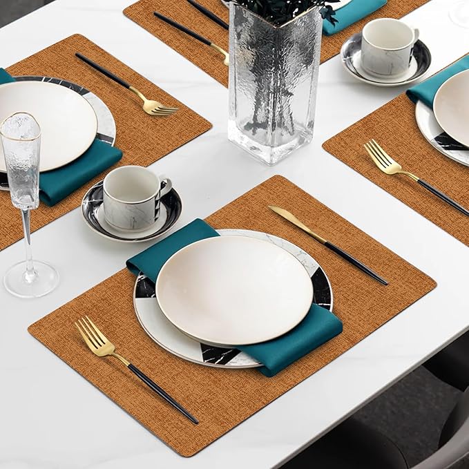 Faux Leather Heat Resistant Fall Placemats Set of 6 – Waterproof Oilproof Wipeable Dining PU Vinyl Place Mat Easy Clean Table Mats for Kitchen/Dining/Party/Holiday, Orange