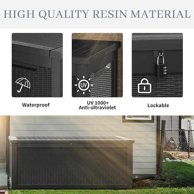 260 Gallon Large Resin deck box Waterproof,Outdoor Storage Bench,Patio Storage Box,Garden Tool Storage,Resin Large Sturdy Deck boxes with Double Wall Panels,Rattan Black