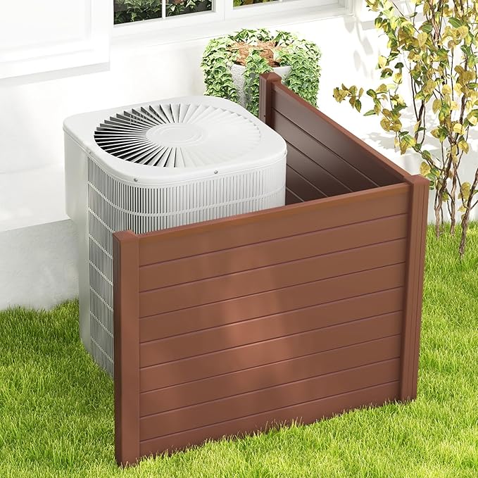 Giantex 2 Panels Air Conditioner Fence, 48''W x 36''H Outdoor Privacy Screen with 3 Stakes, Decorative Trash Can Enclosure, PVC Vinyl Freestanding Fences for Garden Lawn AC Unit Pool Pump, Brown
