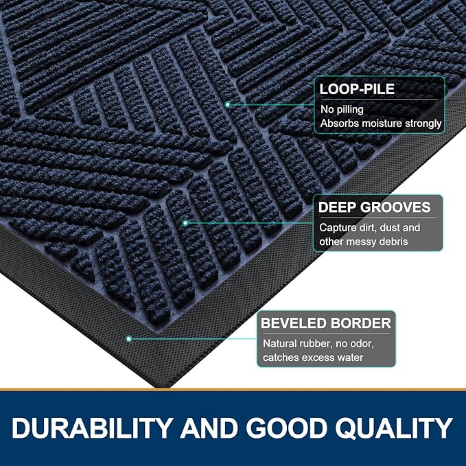 Smiry Front Door Mat Outside Entrance, Heavy Duty Sturdy Natural Rubber Doormat, Trap Dirt and Moisture, Easy Clean Low Profile Mats for Indoor Outdoor Entry, Irregular Triangle (36x24, Navy Blue)