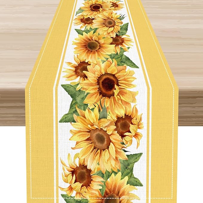 Yellow Sunflower Table Runner, Rustic Farmhouse Summer Sunshine Boho Floral Bee Rural Cottage Watercolor Decorations Table Decor for Home Kitchen Dining Patio Indoor Outdoor Cafe, 13"x36" Inch