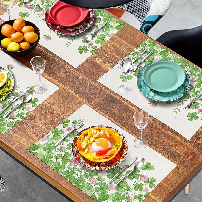 Shamrocks St. Patrick's Day Placemats Set of 4 Watercolor Lucky Clovers St Patrick's Day Table Mats Seasonal Spring Green Leaves Linen Place Mats for Party Kitchen Dining Outdoor Indoor Decor