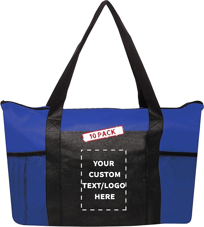 DISCOUNT PROMOS 10 Zippered Non-Woven Tote Bags Set - Customizable Text, Logo - Mesh Pocket, Zippered, Recyclable, Reusable - Blue - 19"X14"X3", with Zipper
