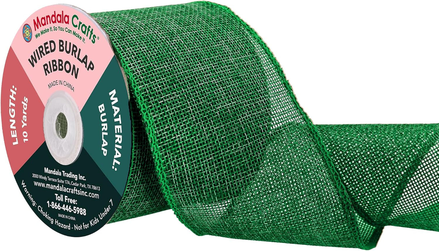 Mandala Crafts Green Burlap Wired Ribbon 3 Inches Wide Jute Ribbons for Crafts - 10 Yds Roll Rustic Burlap Wrap Trim Ribbons for Wreaths Bows Party Decoration