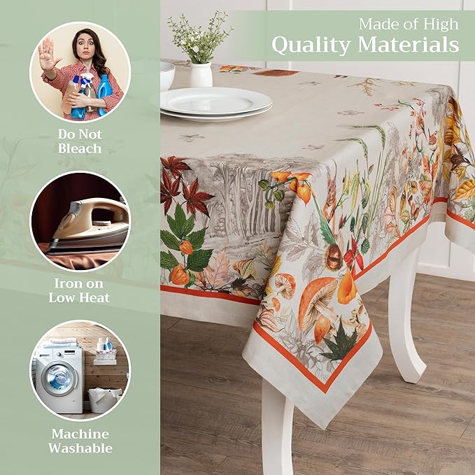Maison d' Hermine Table Cloth Rectangle Table 100% Cotton 60 x 108 Inches Fall Tablecloth Reusable Everyday Use for Thanksgiving Christmas Decorations Dining Farmhouse Party (Recolte)