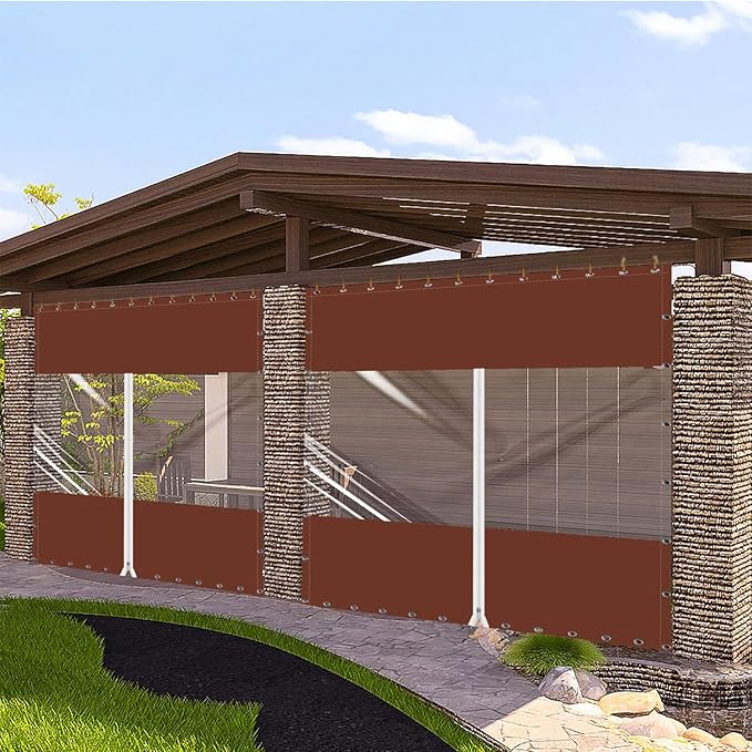 20 Oz Outdoor Vinyl Curtain with Double Sided Zip, Outdoor Clear Panel Curtain, Weather Resistant Outdoor Curtain for Pergola, Porch, Gazebos, with Rustproof Grommets (10'H x 10'W, Brown)