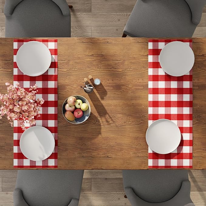 Encasa XO Cotton Dining Table Runner | Buffalo Red Checks | Size 13x36 in - Machine Washable & Durable