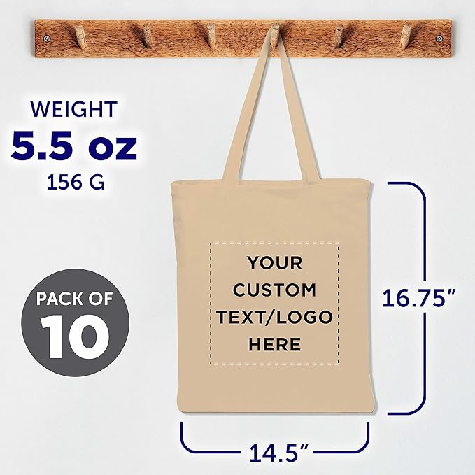 DISCOUNT PROMOS Custom Cotton Canvas Tote Bags Set of 10, Personalized Bulk Pack - Reusable, Great for Shopping, Grocery, Beach, Picnic, Wedding Favors - Natural
