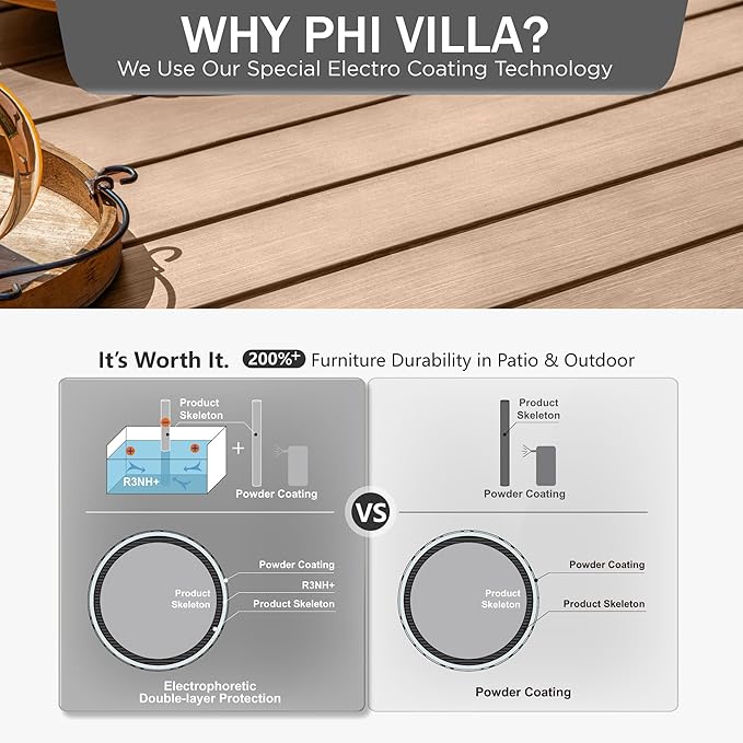 PHI VILLA Large Outdoor Patio Table for 8 Person, 60" Square Metal Steel Slat Table with 1.57"-1.9" Adjustable Umbrella Hole, Weather-Resistant Outdoor Dining Table for Deck Backyards, Brown