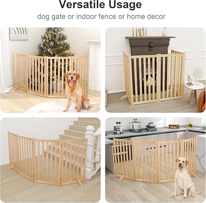 36" Height Extra Tall Freestanding Pet Gate, Solid Wood Folding Safety Fence Wooden Dog Gate with 2 PCs Support Feet Ideal for Stairs, Doorways, Halls, Kitchens, Heavy Duty Gates, 4 Panels, Oak