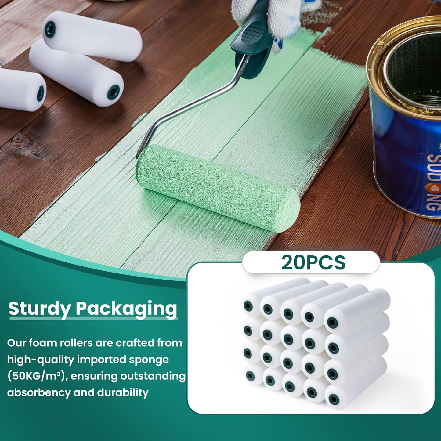 Foam Paint Roller, 20 Pack, 6 Inch Mini Paint Roller Covers, High Density Foam Paint Roller, Small Paint Rollers for All Flat Surfaces, Suitable for Wall，Kitchen Cabinets, Doors, Tables