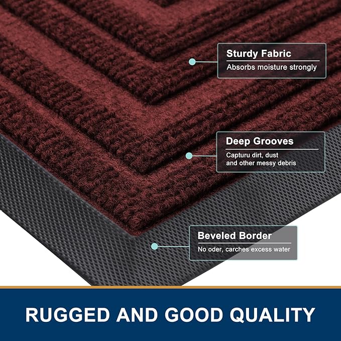 Buganda Front Door Mat Indoor Outdoor Entrance, Non-Slip Natural Rubber Doormats, Easy Clean, Low Profile, Dirt Trapper Entryway Floor Mats for Outside, Garages and Patios, 47x32, Wine Red
