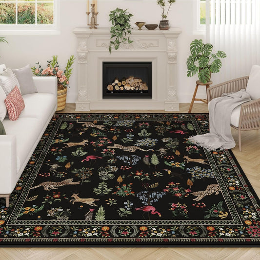 Rugcomf Living Room Rug 5x7 Rug Machine Washable Boho Area Rug Non Slip Floral Animal Vintage Low Pile Large Rugs for Living Room, Bedroom, Farmhouse, Dining Room, Kids Playroom (Black)