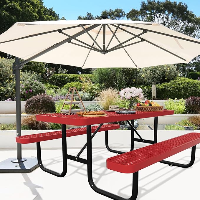 6FT Picnic Tables for Outdoors, Rectangular Commercial Metal Picnic Table Bench Set with Umbrella Hole,Heavy Duty Steel Weather-Resistant Dining Table for Patio Dining Garden Backyard BBQ School