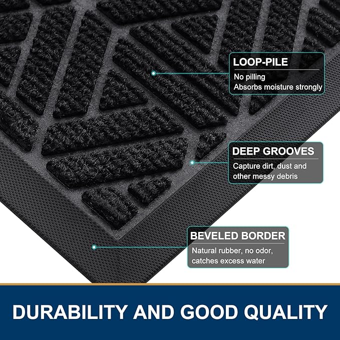 Smiry Front Door Mat Outside Entrance, Heavy Duty Sturdy Natural Rubber Doormat, Trap Dirt and Moisture, Easy Clean Low Profile Mats for Indoor Outdoor Entry, Grid Geometric (59x35, Black)