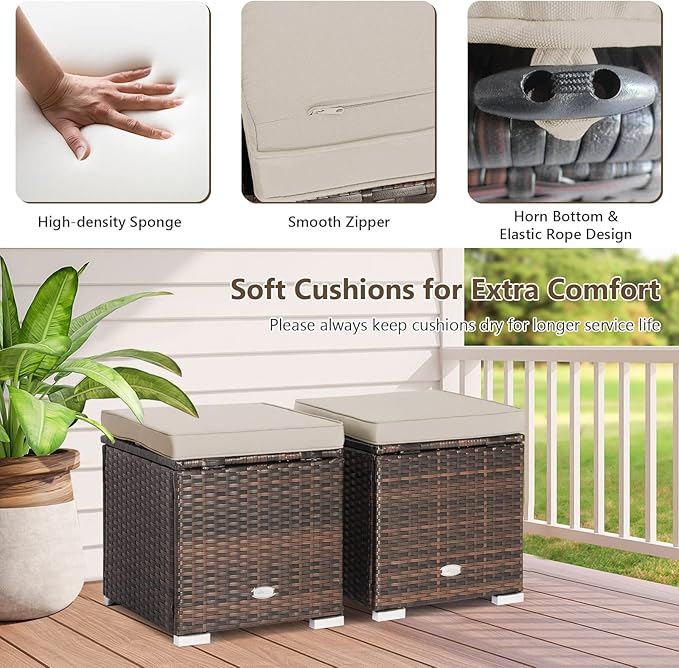 Tangkula 2 Pieces Patio Ottomans, Patiojoy Hand-Woven PE Rattan Side Table with Removable Cushion & Hidden Storage Space, Multifunctional Storage Box, Seat for Patio, Backyard, Poolside (Beige)