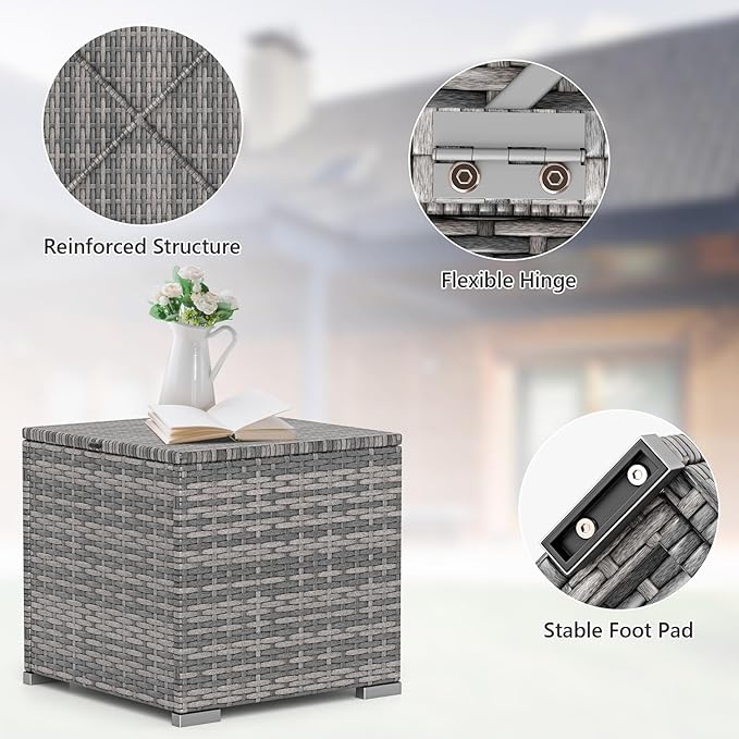 Tangkula 2 Pieces Patio Ottomans, Patiojoy Hand-Woven PE Rattan Side Table with Removable Cushion & Hidden Storage Space, Multifunctional Storage Box, Seat for Patio, Backyard, Poolside (Light Grey)