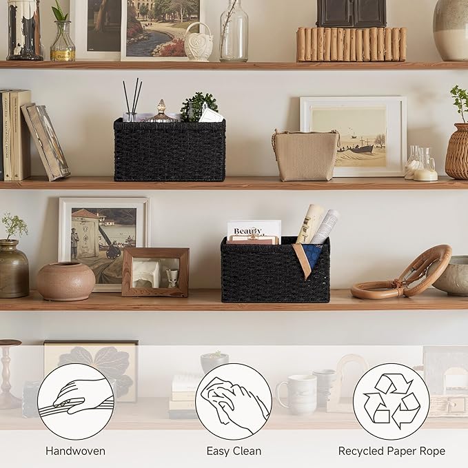 StorageWorks Pantry Baskets, Wicker Storage Baskets for Organizing, Shelves, Pantry Organizers and Storage, Medium, Black, 2-Pack