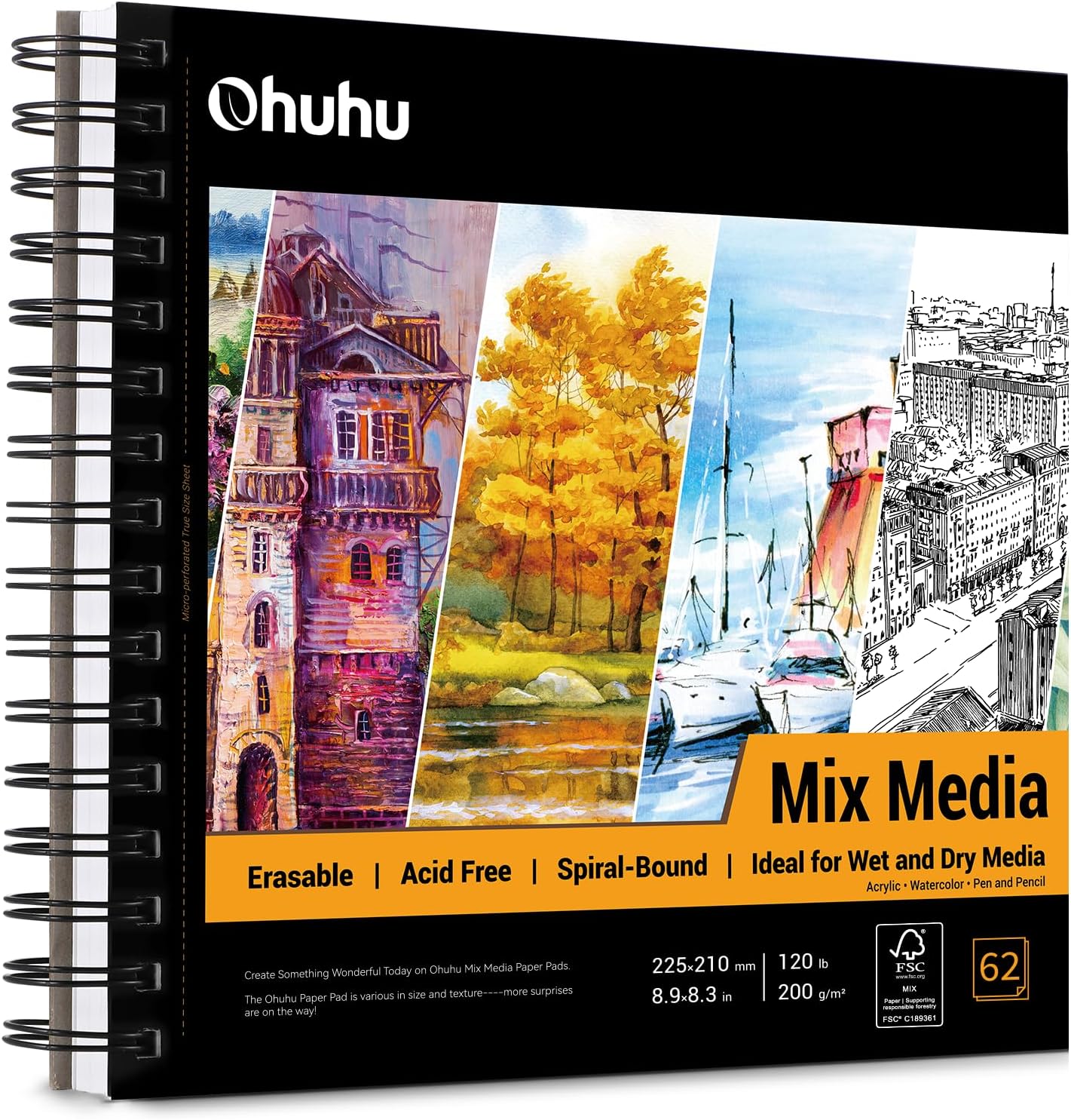 Mix Media Pad, Ohuhu Mixed Media Art Sketchbook, 120 LB/200 GSM Heavyweight Papers, 62 Sheets/124 Pages, Spiral Bound Mixed Media Paper Pad for Christmas Gift