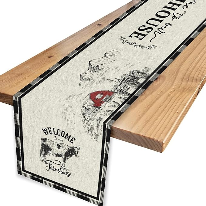 Farmhouse Table Runner, Rustic Country Barn Cottage Rooster Cow Check Animal Plank Coffee Table Center Decor for Home Kitchen Dining Patio Holiday Party Indoor Outdoor Table Decorations 13"x72"