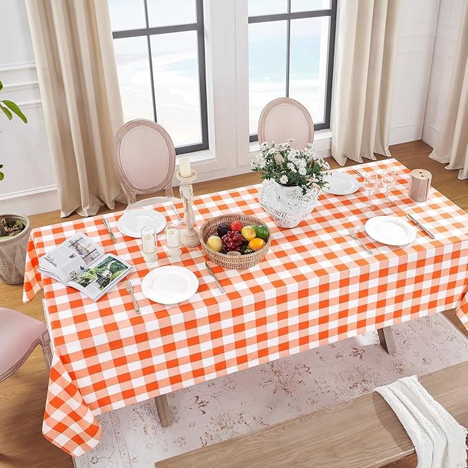 Softalker Gingham Checkered Tablecloth Square - Outdoor Waterproof Buffalo Plaid Table Cloth, Stain Resistant Washable Table Cover for Picnic, Camping, Dining - Orange and White, 54 x 54 Inch