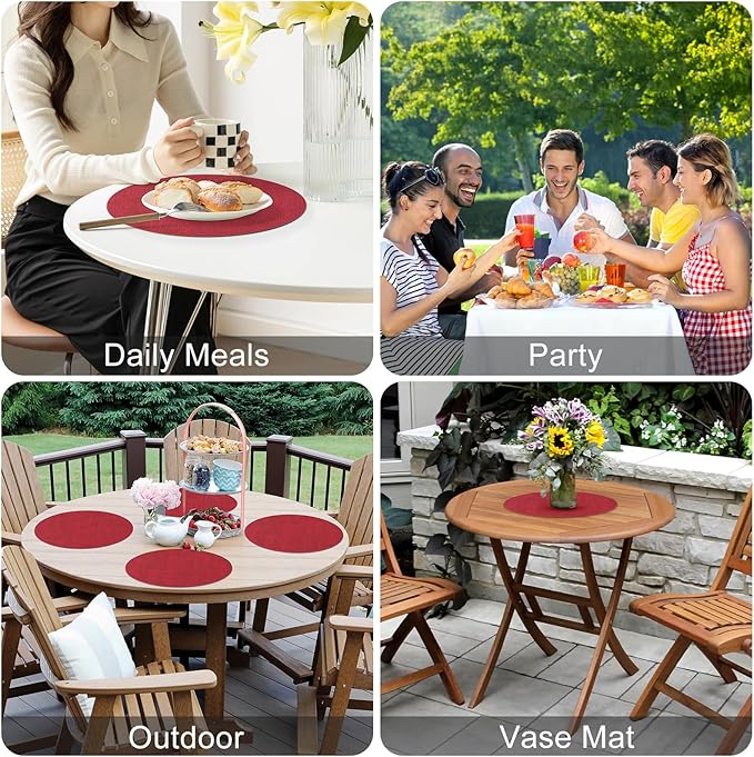 Homaxy Round Faux Leather Placemats and Coasters, Washable Dual-Side Table Mats, Wipeable Heat-Resistant Dining Place Mats for Outdoor and Indoor, Set of 4, Diameter 13 and 3.93 inch, Red
