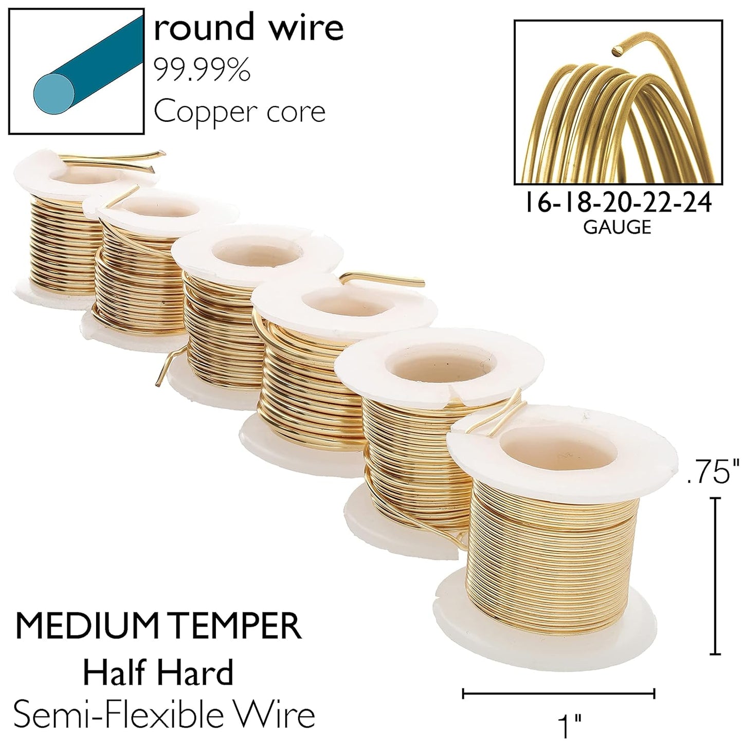 The Beadsmith Craft Wire Assortment - Tarnish-Resistant Copper Wire for Jewelry Making, 6-Pack, 0.75-Inch Mini Spools, Varying Lengths, 16-24 Gauge, Gold Color, Medium Temper