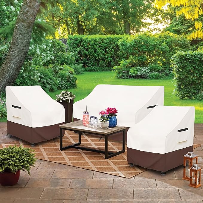 Patio Furniture Covers,3 Piece Heavy Duty Waterproof Outdoor Furniture Cover,Outdoor Furniture Covers for Patio Furniture,Includes 2 Patio chair covers 30in and 1 Patio loveseat cover 58in,Beige