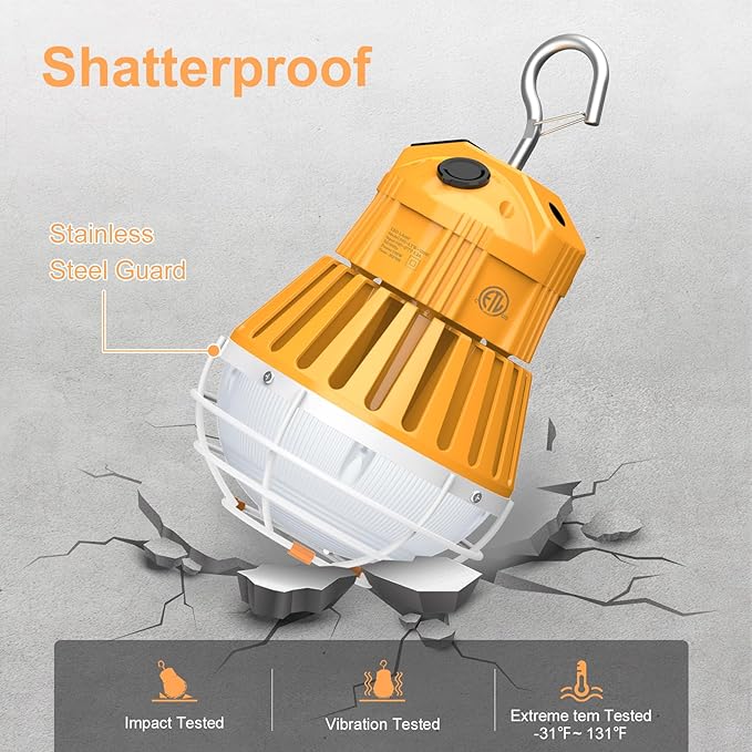 LED Temporary Work Light,36W/48W/60W Adjustable,4500K/5000K/5700K CCT Adjustable Construction Light with 10ft Cable Plug and Sturdy Hooks Linkable LED Work Job Site Lighting ETL Listed AC100-277V