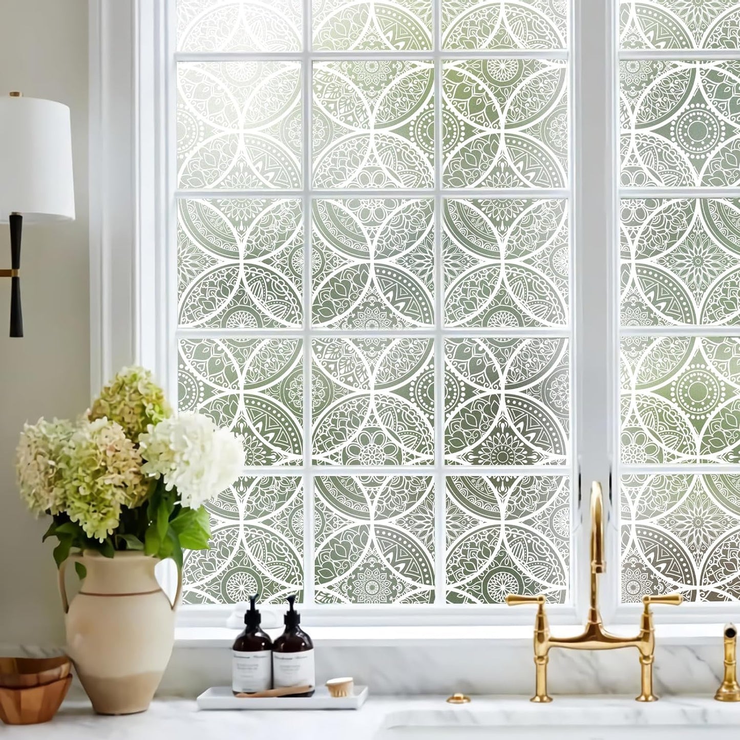 DKTIE Bohemian Decor Stained Glass Window Film with Installation Tools, Two-Way Window Privacy Film, Reduce Glare, Pure White, 17.7 x 118.1 Inch