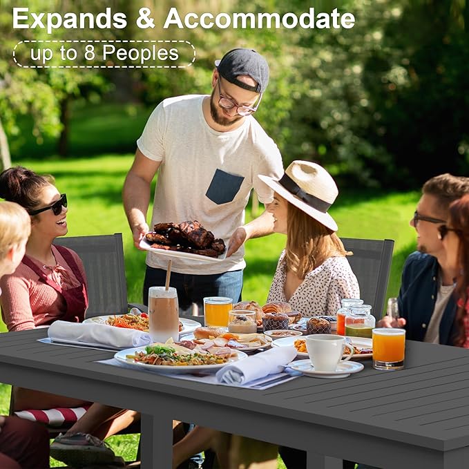 Expandable Aluminum Outdoor Dining Table, 3-Adjustable Lengths Patio Dining Table for 6-10 Person, 91.7" L x 33.5" W Metal Patio Table with Umbrella Hole Adjustable Feet for Garden Porch Deck, Grey