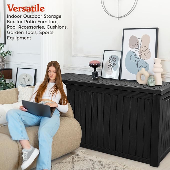 Waterproof Outdoor Resin Deck Box with Lockable Lid, Easy Assembly Features and Convenient Handles For Cushion, Pillows and other Patio Furniture (180 Gallon Black)