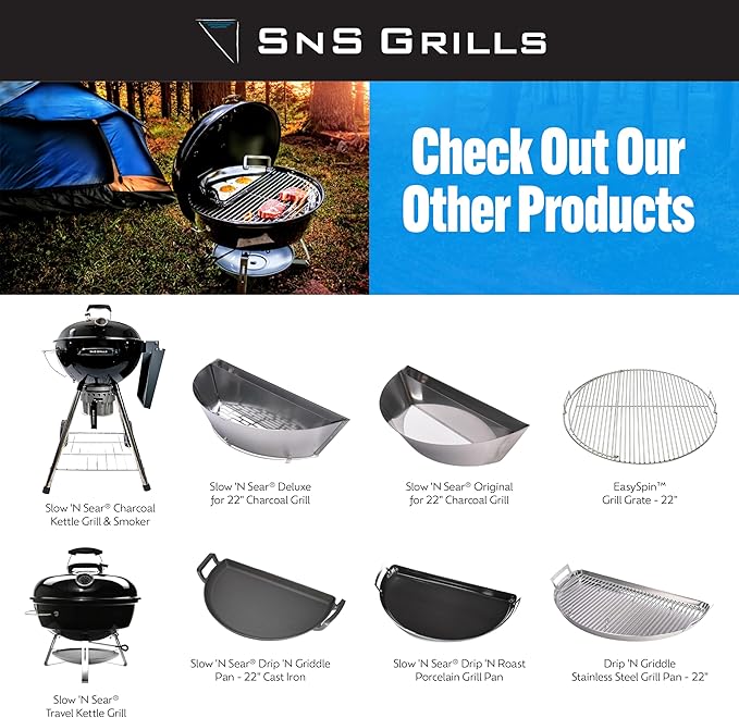 SnS Grills Slow ‘N Sear Charcoal Inserts for Low ‘N Slow & High-Heat Cooking - Patented Stainless Steel Accessories for Weber Summit and Similar Kettle Grills - Low Profile 22"
