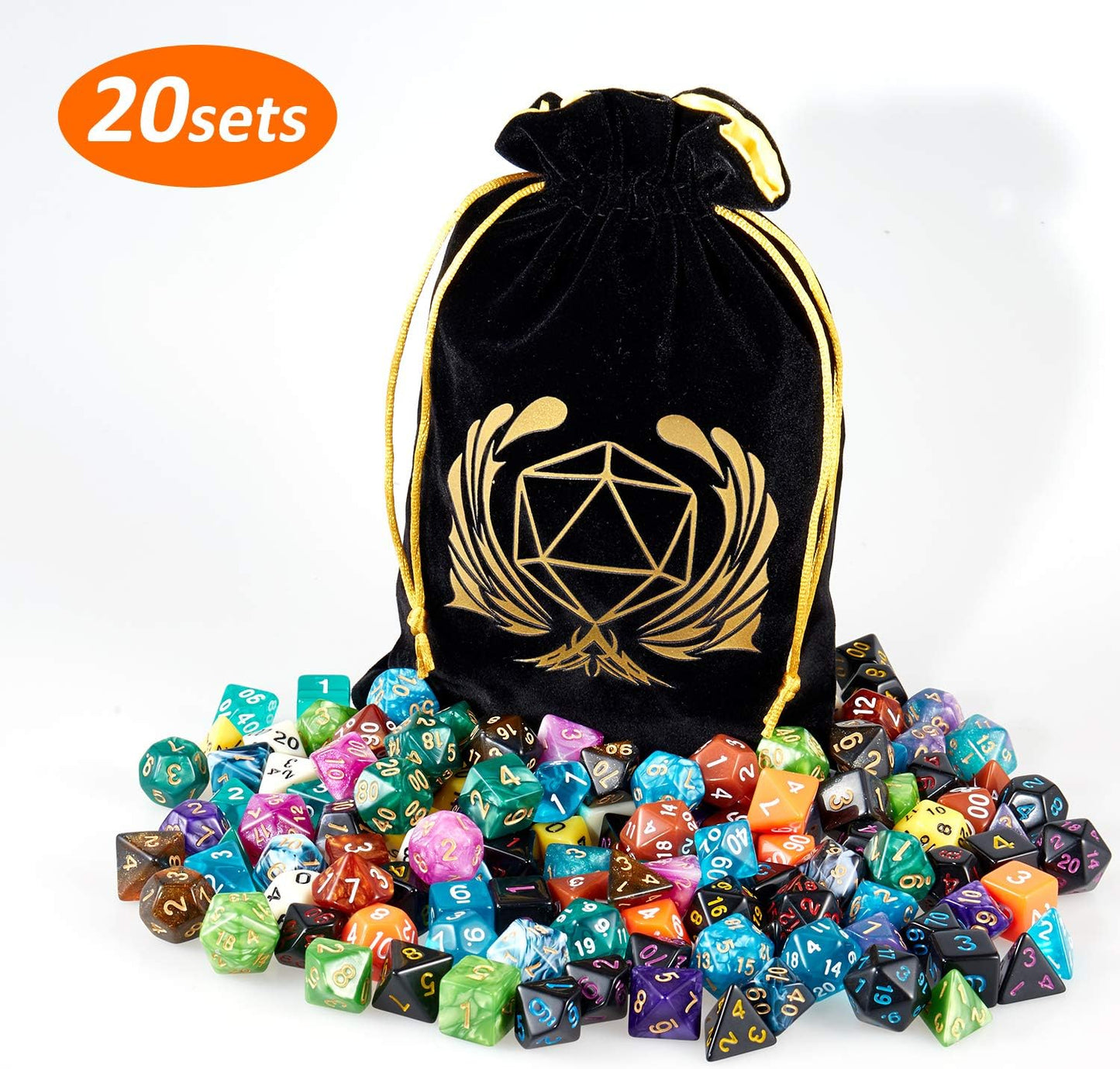 Coyeekn DND Dice Set, 20 x 7 (140 Pieces) Polyhedron Dice 20 Colors Dice for Dungeons and Dragons DND RPG MTG Table Games D4 D8 D10 D12 D20 with 1 Large Flannel Bag