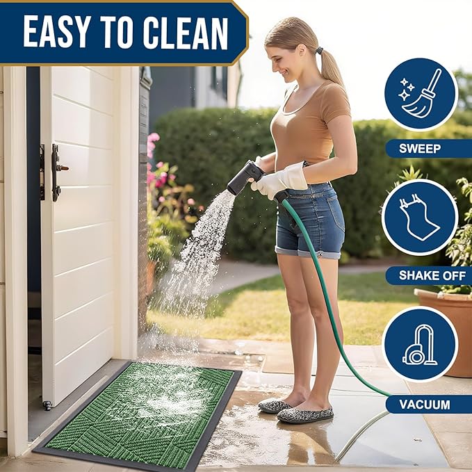 Smiry Front Door Mat Outside Entrance, Heavy Duty Sturdy Natural Rubber Doormat, Trap Dirt and Moisture, Easy Clean Low Profile Mats for Indoor Outdoor Entry, Irregular Triangle (59x35, Green)